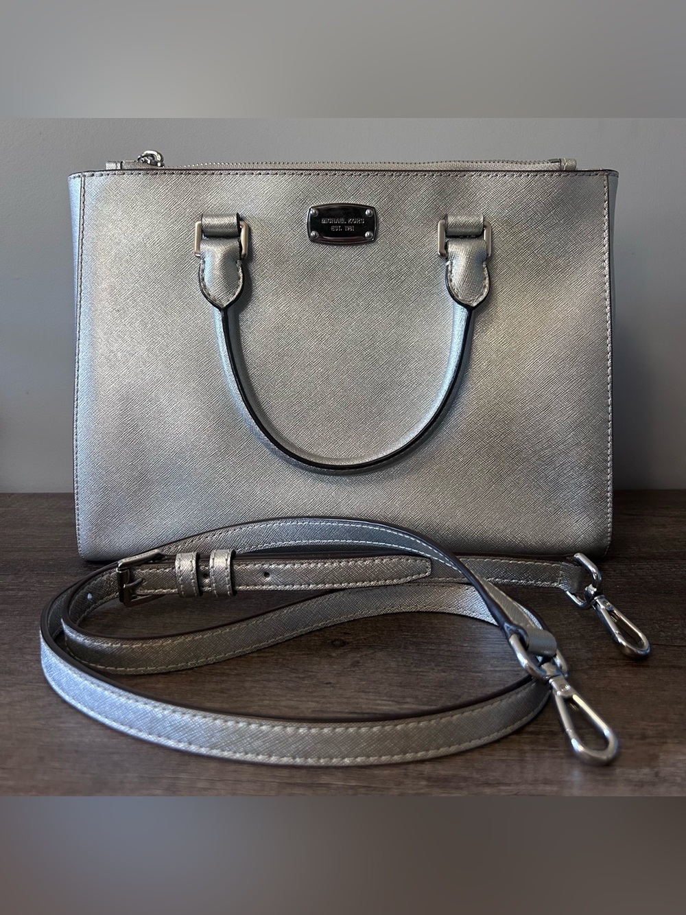 Michael Kors Metallic Silver Saffiano Satchel with Strap